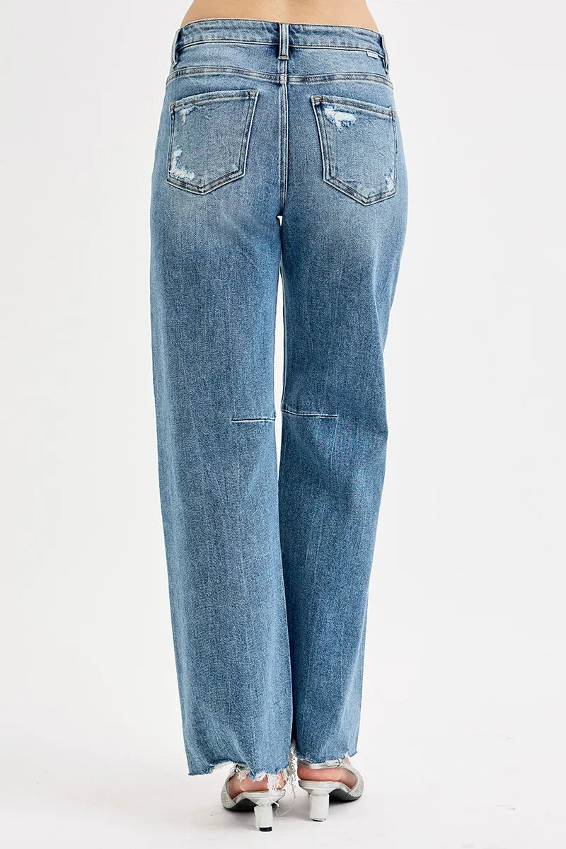 RISEN Full Size Mid Rise Fit Wide Baggy Leg Tie Washed Jeans Plus Size - Fashorio