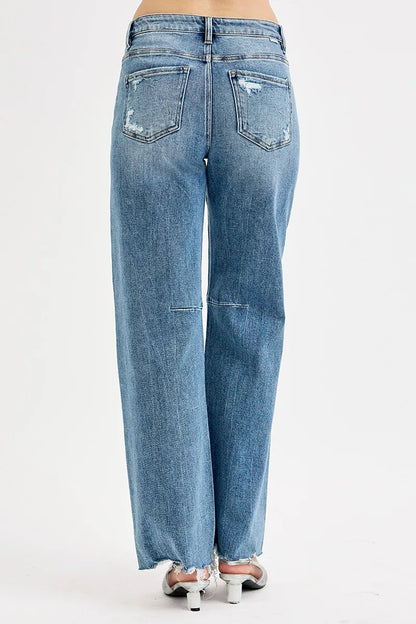 RISEN Full Size Mid Rise Fit Wide Baggy Leg Tie Washed Jeans Plus Size - Fashorio