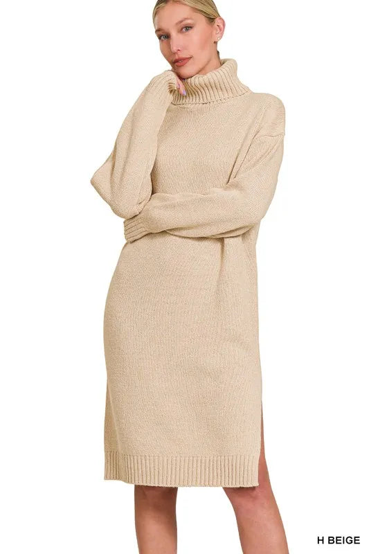 Zenana Turtle Neck Long Sleeve Midi Sweater Dress H BEIGE - Fashorio