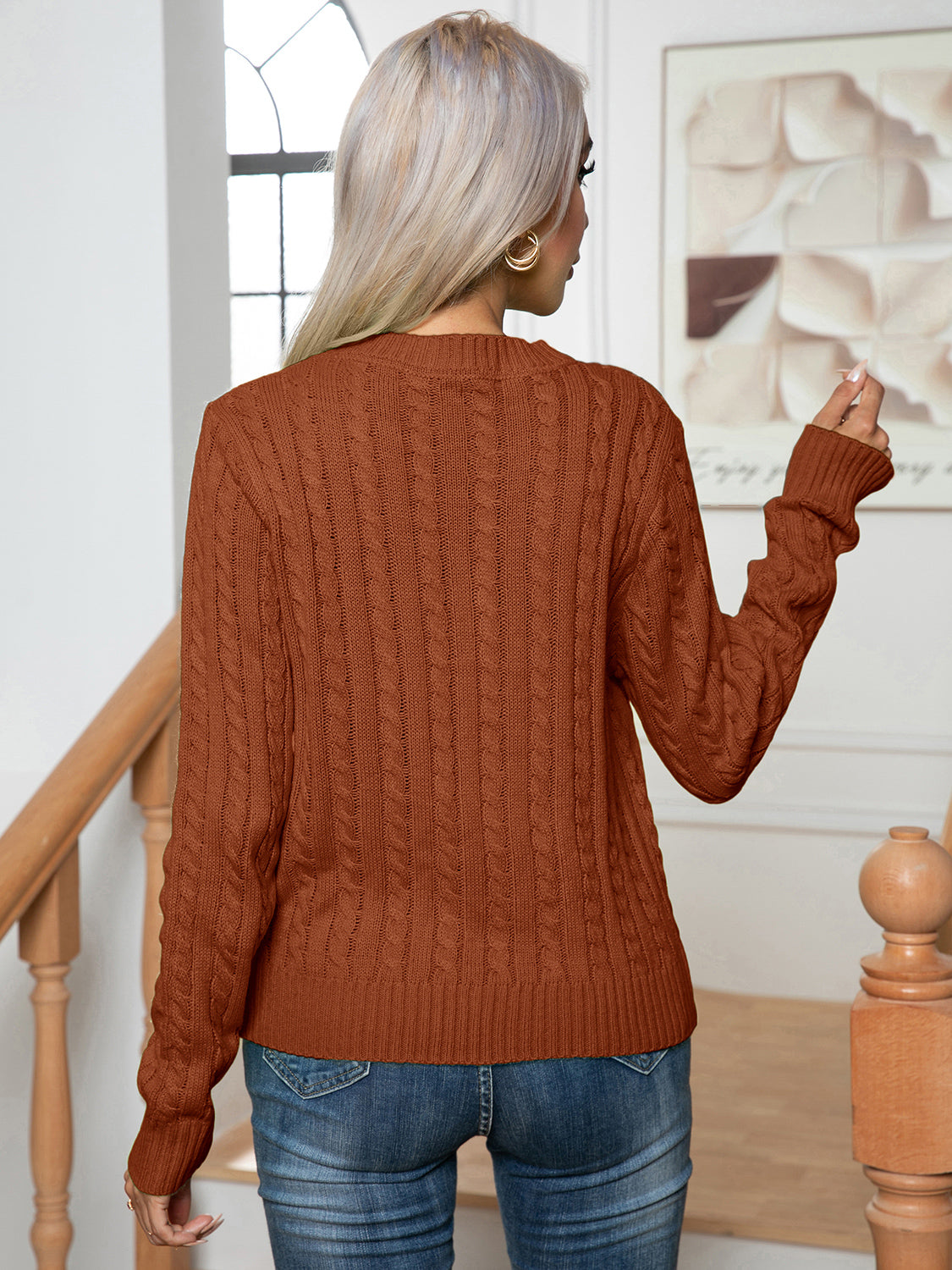 Cable-Knit Round Neck Long Sleeve Sweater - Fashorio
