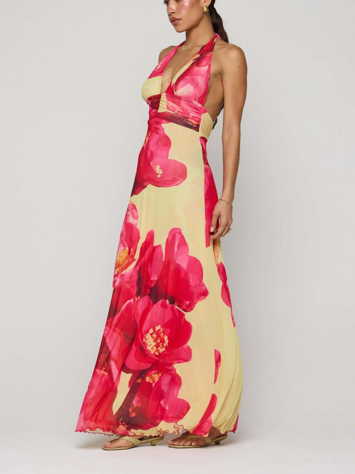 floral halter deep v maxi dress full length view