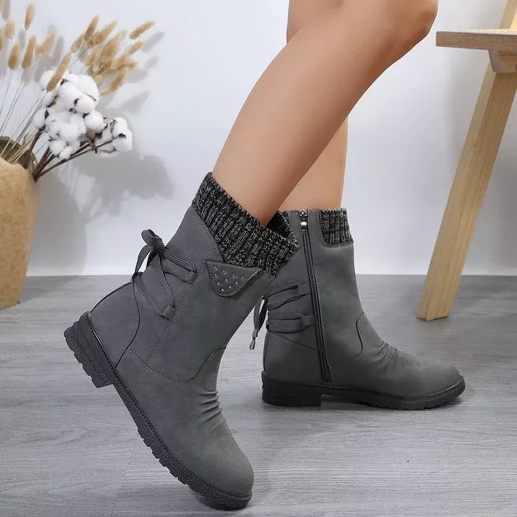 Purple knitted cuff round toe boots platform and sole detail