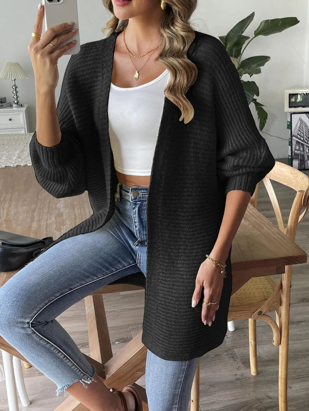 Open Front Long Sleeve Cardigan - Fashorio