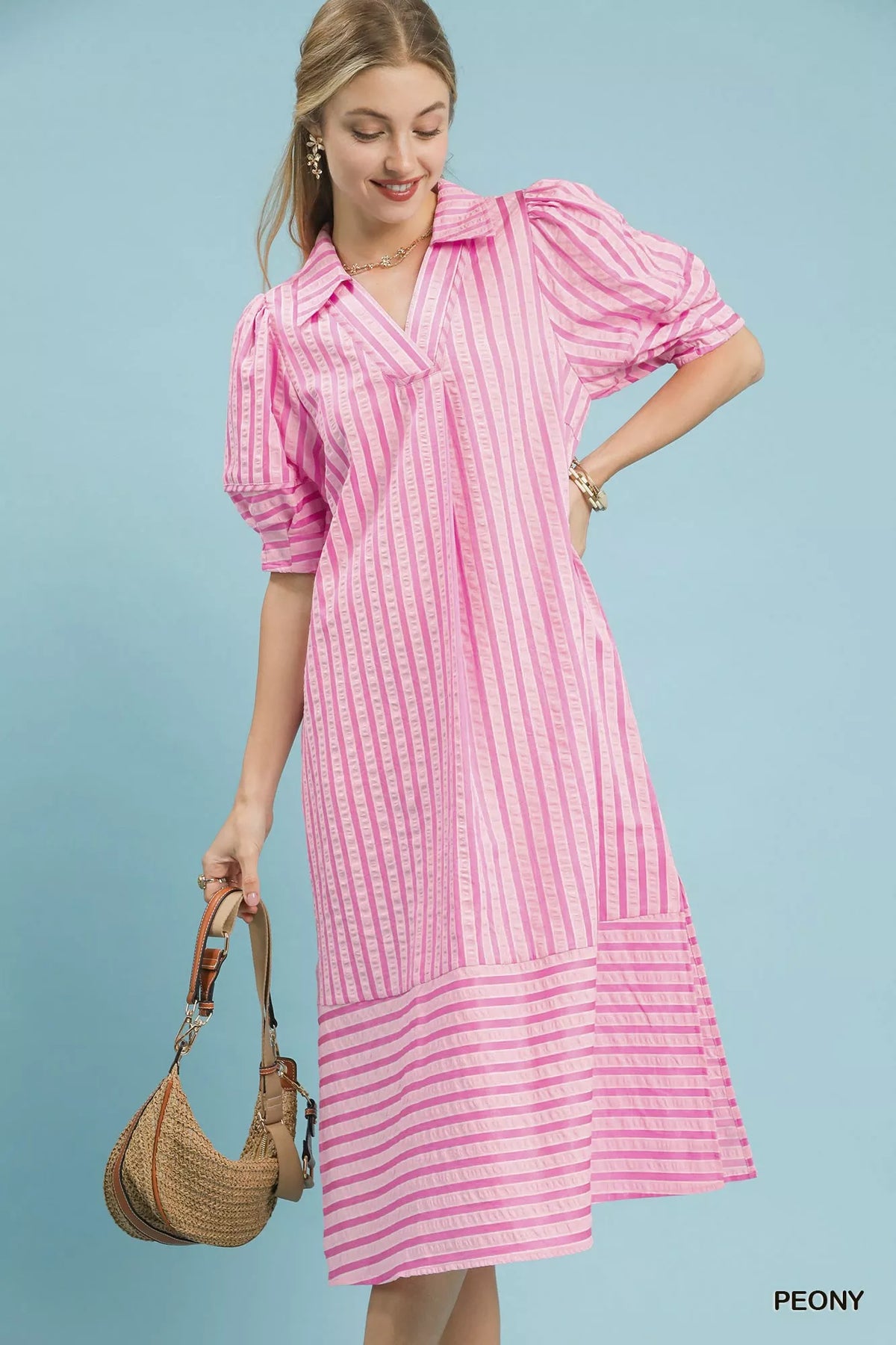 Umgee striped puff sleeve midi dress front view