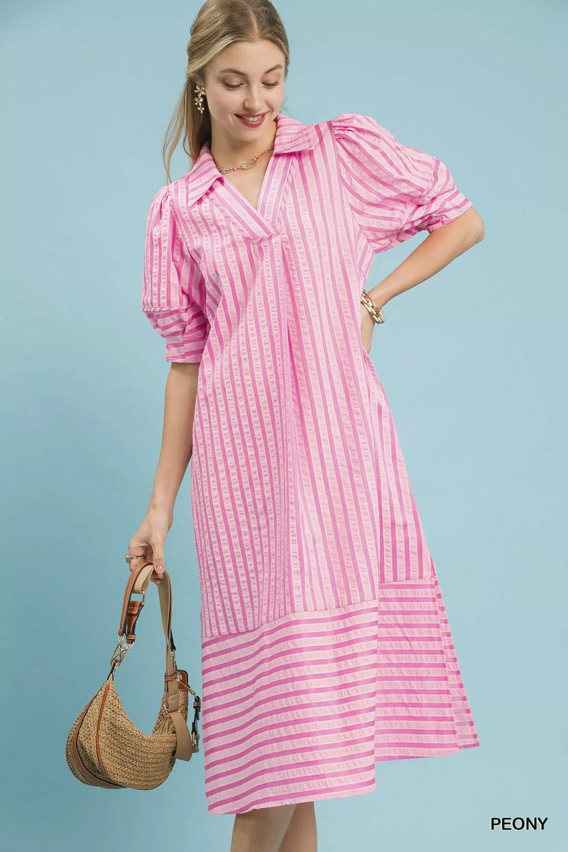 Umgee striped puff sleeve midi dress front view