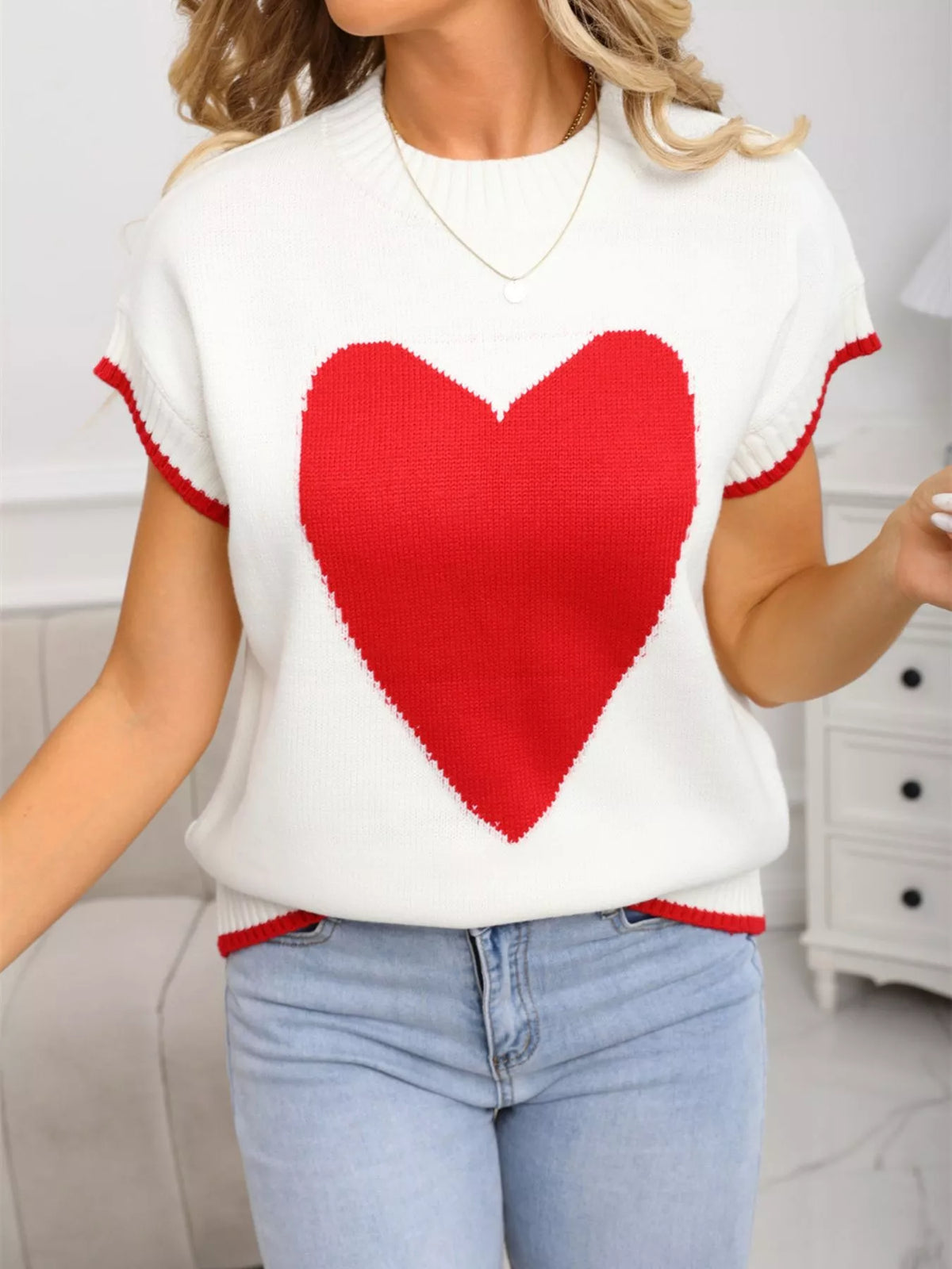White heart knit sweater graphic detail