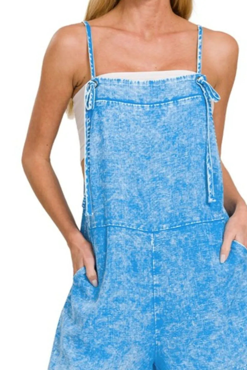 Washed Linen Knot Strap Romper side view
