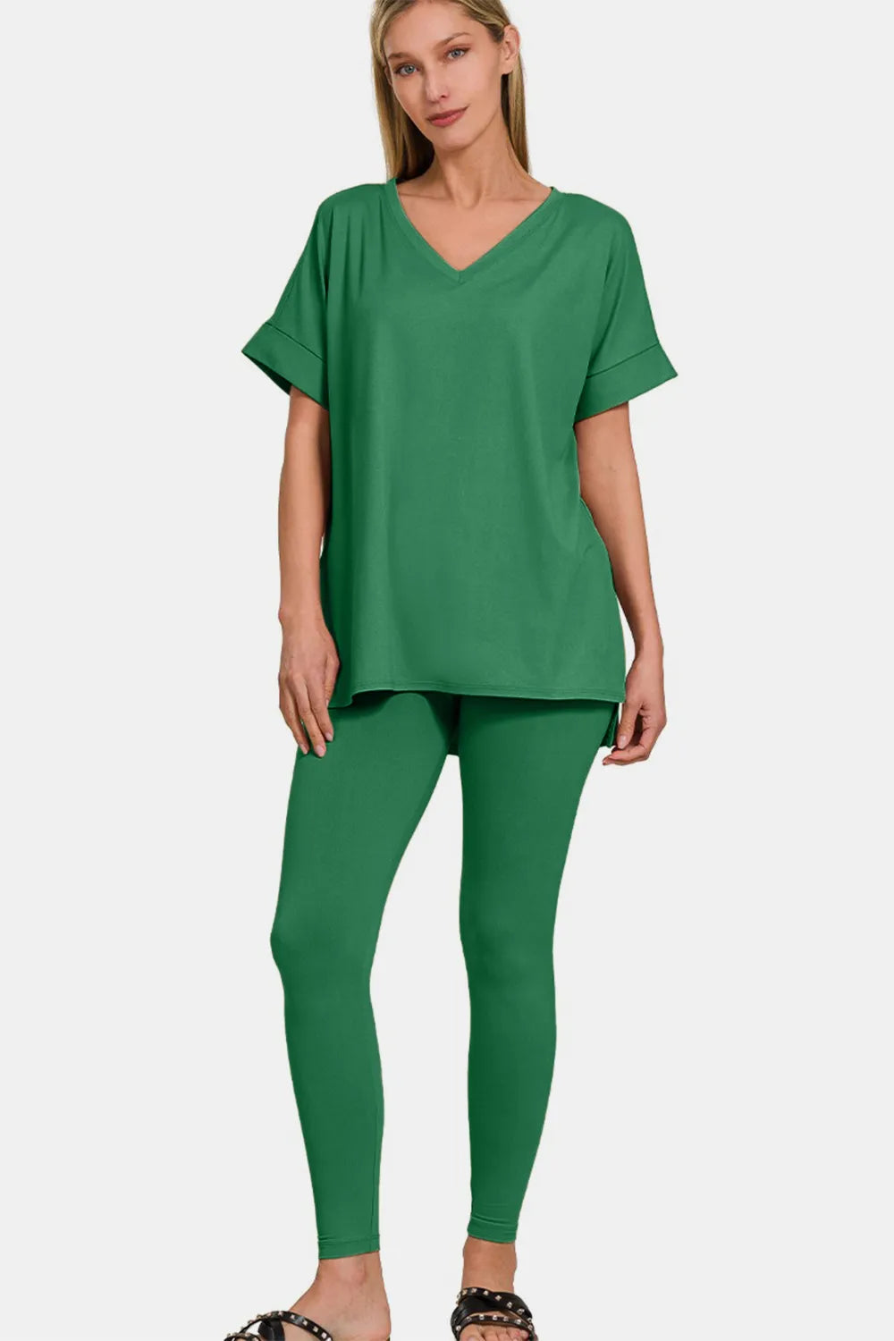Zenana Full Size V-Neck Rolled Short Sleeve T-Shirt and Leggings Lounge Set - Fashorio