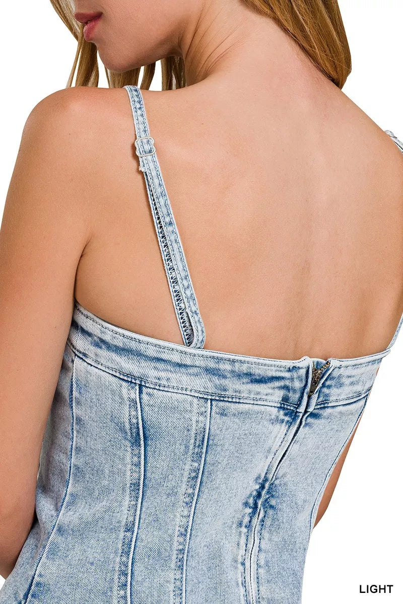 Spaghetti Strap Exposed Seam Dress in Light Wash view 9
