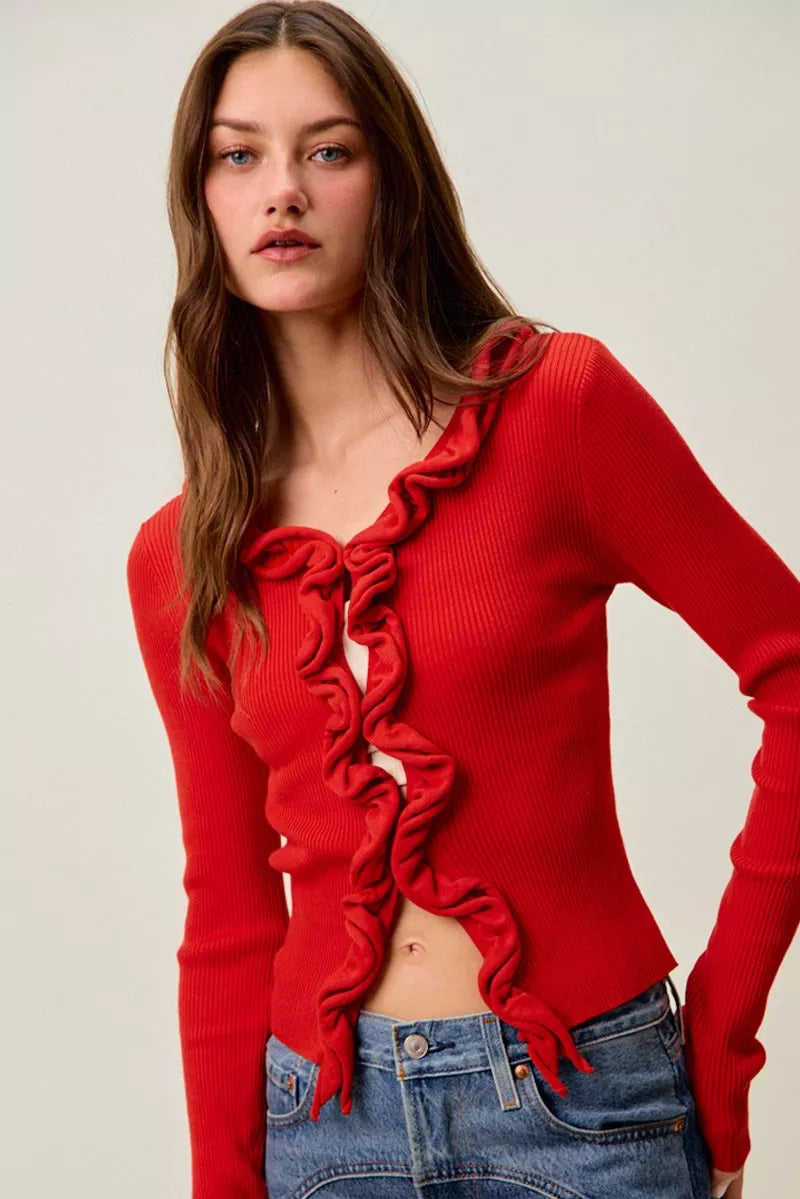 Cascade Ruffle Ribbed Knit Sweater Cardigan, view 21