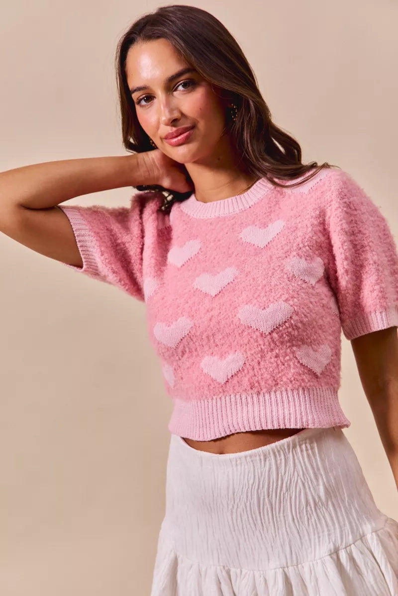 All Over Heart Cropped Sweater in Pink detail