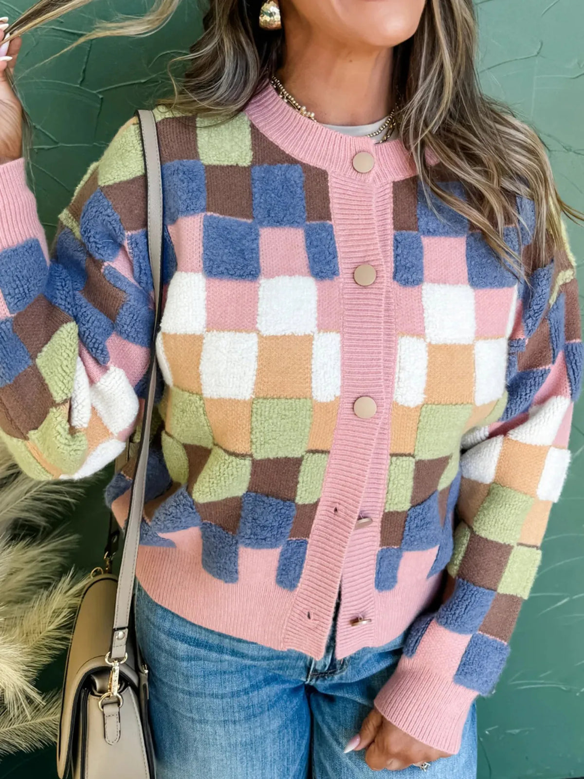 Checkered pattern button front cardigan in plaid front view