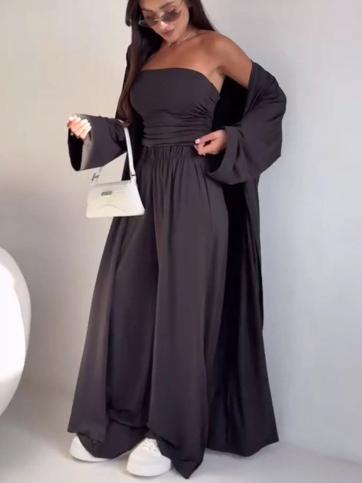 Tube Top Cardigan and Wide Leg Pants 3 Piece Set, view 7