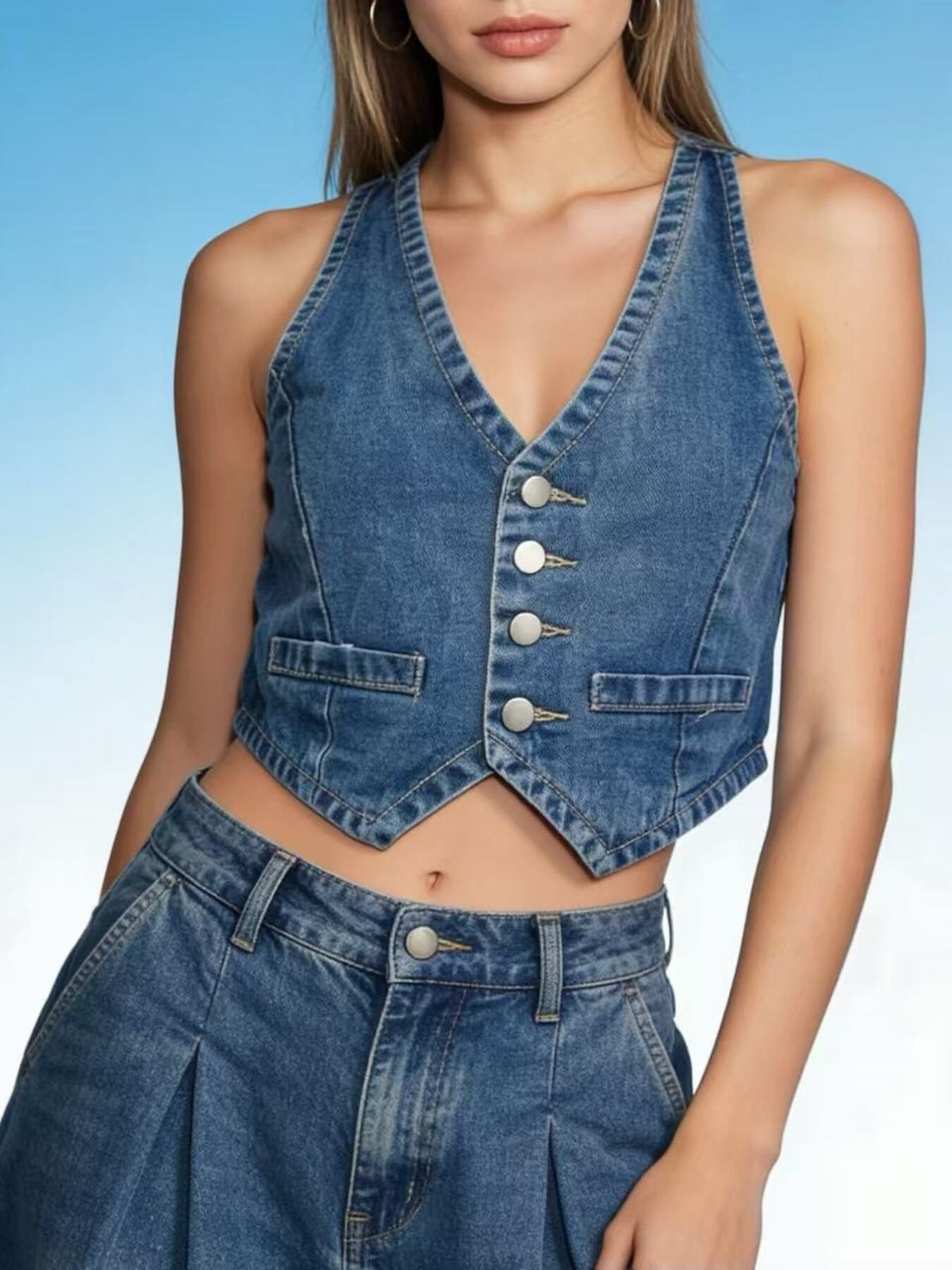 Button Down Denim Vest in Light Blue view 8