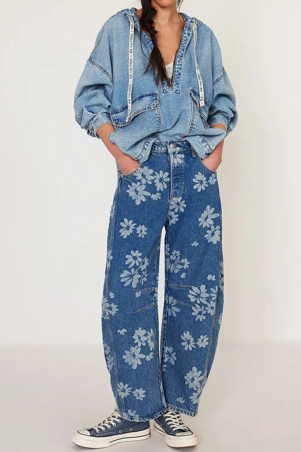 Flower print wide leg denim detail
