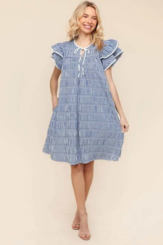 Double Ruffle Sleeve Dress with Pockets in Navy side view