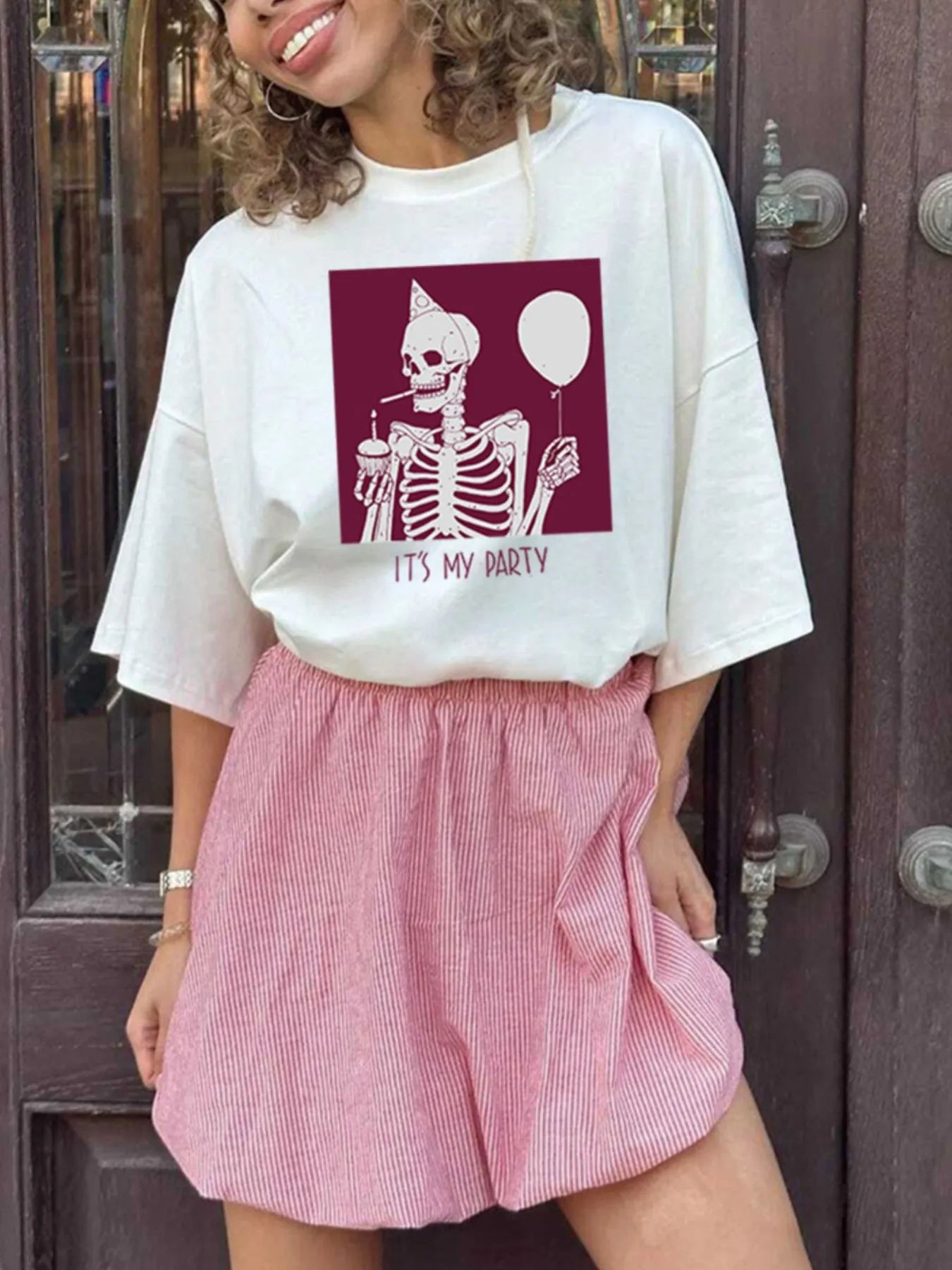 Plus Size Graphic Round Neck Half Sleeve T-Shirt White - Fashorio