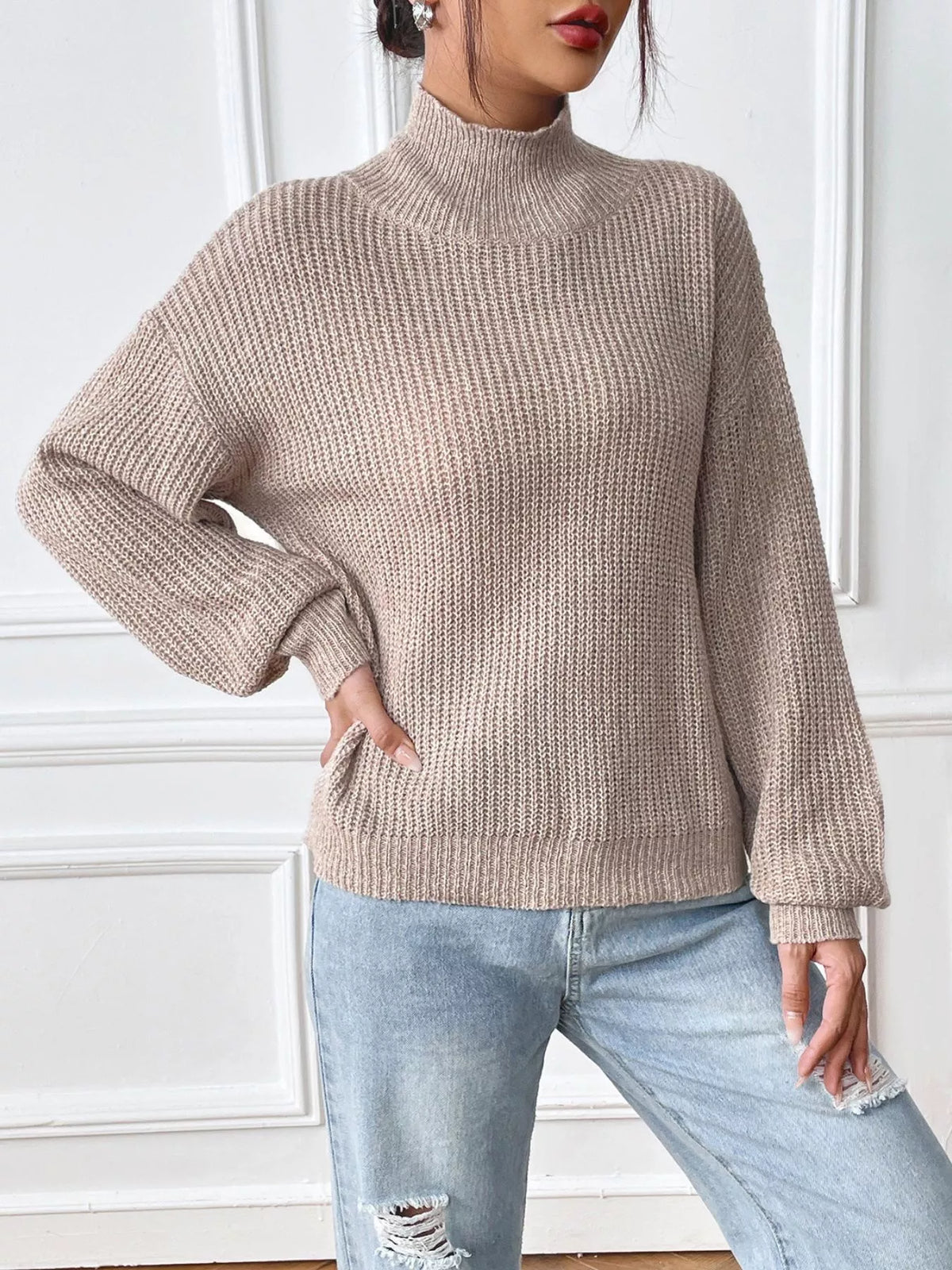 cozy knit turtleneck drop shoulder sweater mocha side view