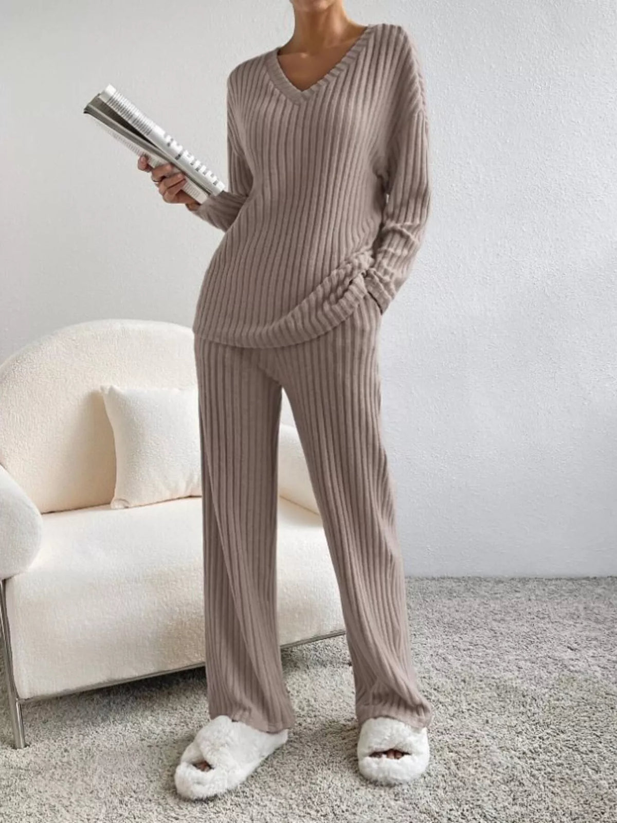 Ribbed Knit V Neck Top and Pants Set, view 11