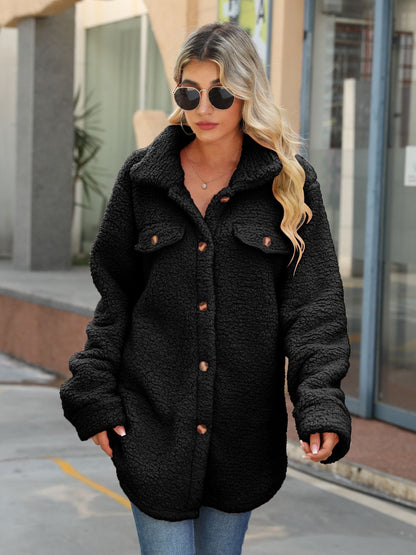 Button Down Collared Coat Black - Fashorio