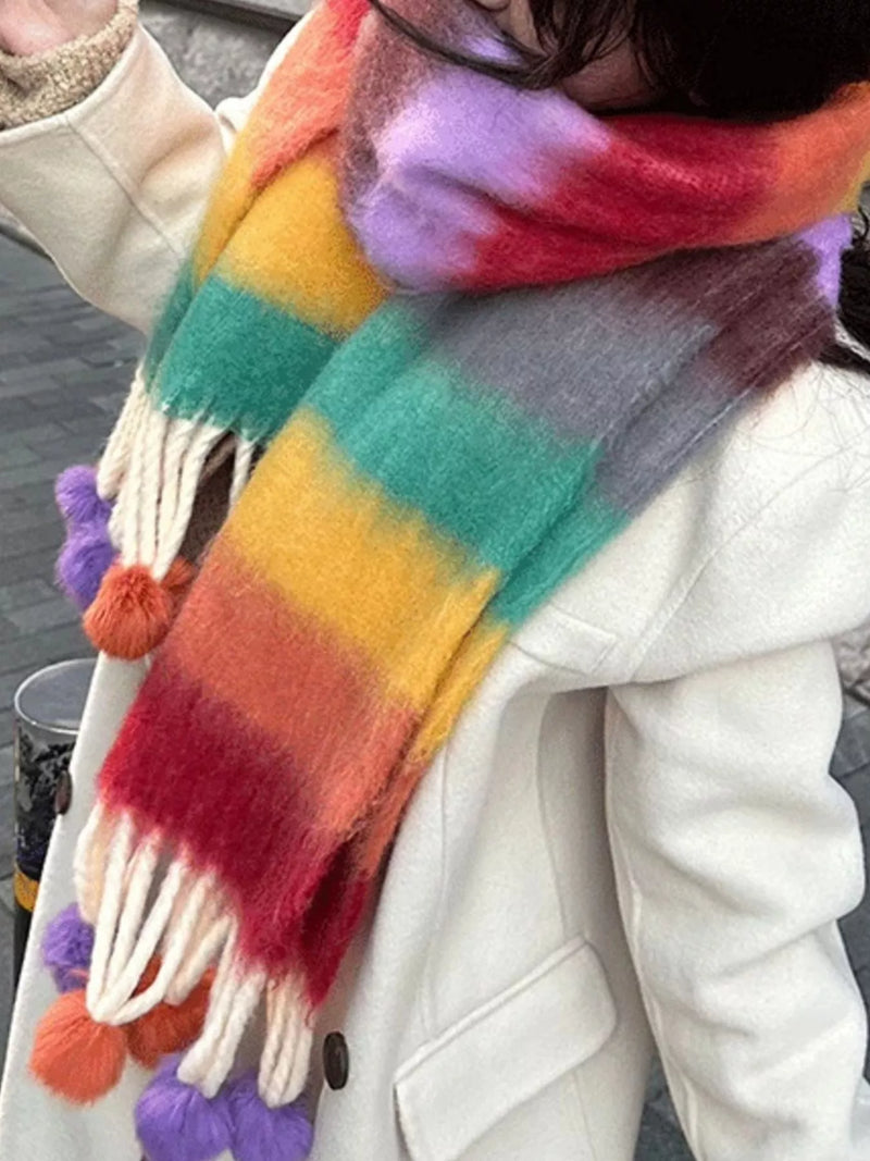 Rainbow striped fuzzy scarf with pom poms