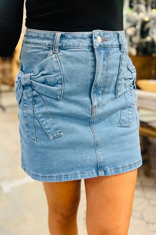Acid Wash Bowknot Details High Waist Denim Skirt Medium - Fashorio