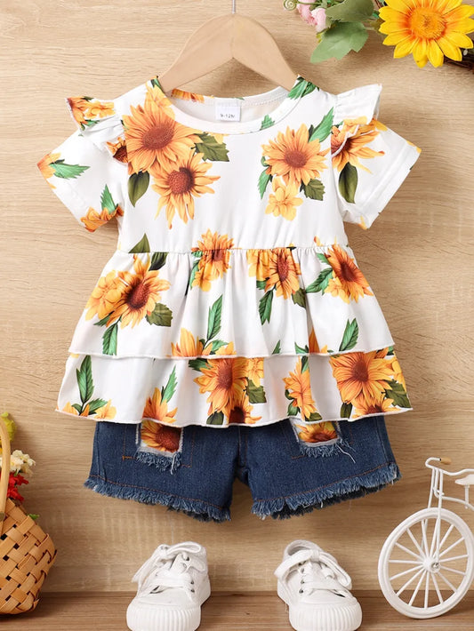 Children's Sunflower Ruffled Short Sleeve Top and Shorts Set Floral - Fashorio