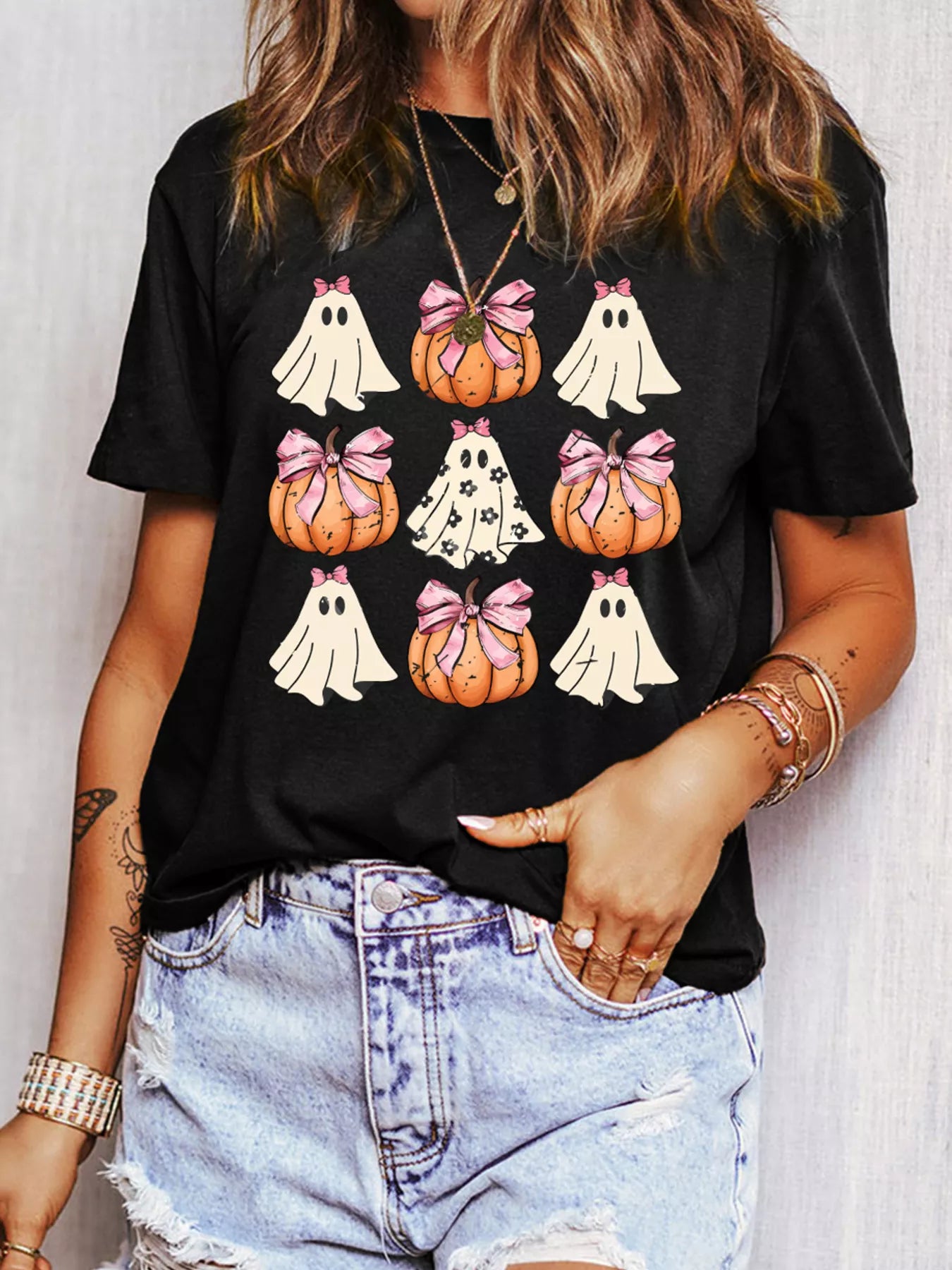 Halloween Bowknot Ghost Pumpkin Graphic T Shirt Black - Fashorio
