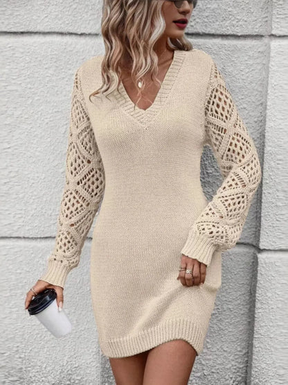 V-Neck Hollow Out Sleeve Sweater Dress Beige - Fashorio