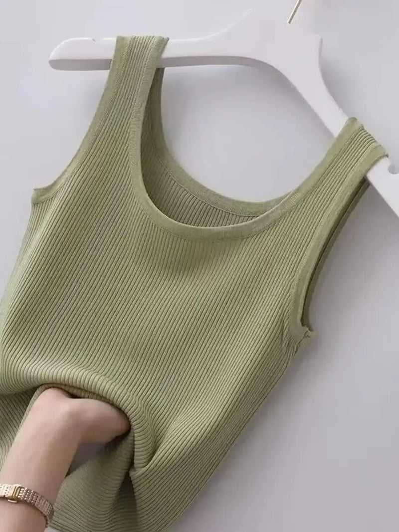 Ribbed knit scoop neck tank top in yellow green front view