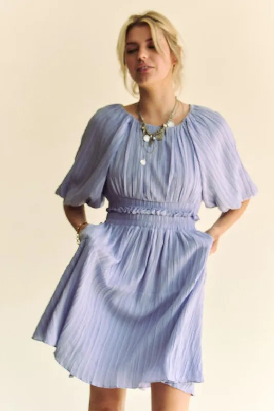 Back Button Puff Sleeve Mini Dress in Lavender detail