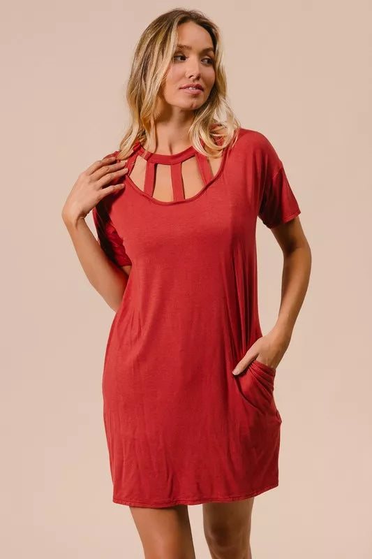 Front Cut Out Tee Mini Dress in Ginger close up
