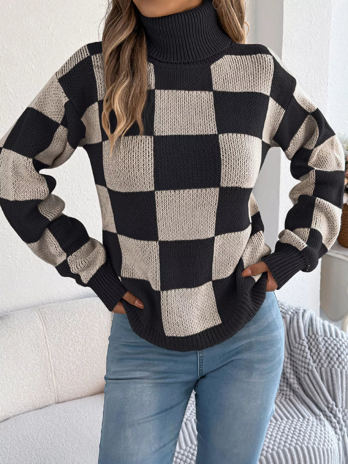 Checkered Turtleneck Long Sleeve Sweater view 9