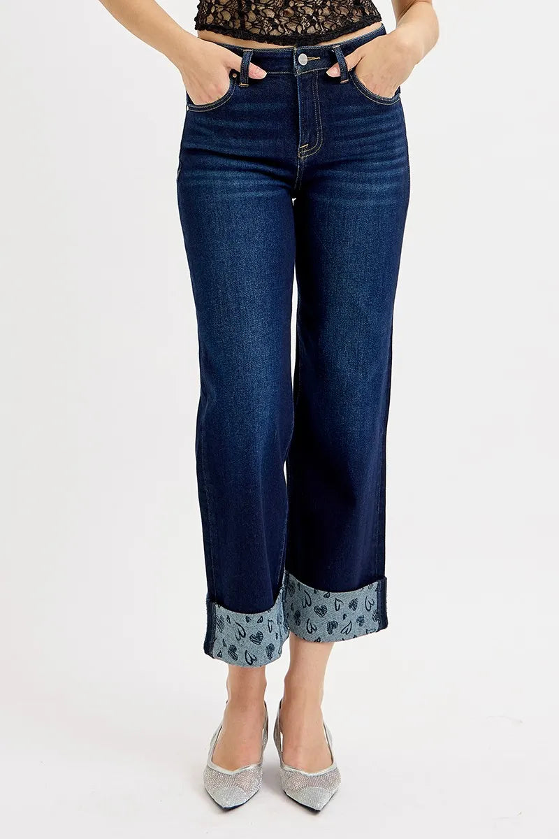 RISEN wide leg cropped jeans side view showing cuff detail