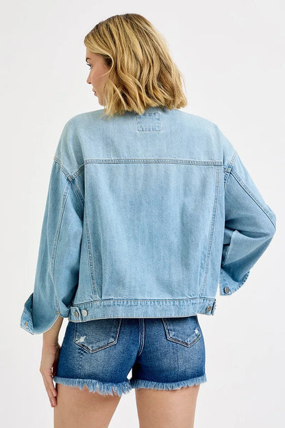 RISEN Washed Dropped Shoulder Denim Jacket - Fashorio