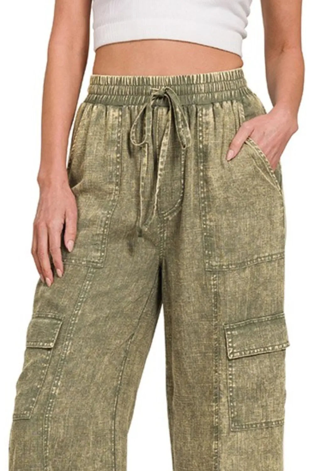 Zenana Washed Linen Elastic Band Waist Cargo Pants - Fashorio