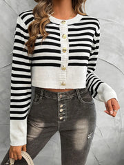 Devine Striped Round Neck Button Down Cardigan Black White - Fashorio