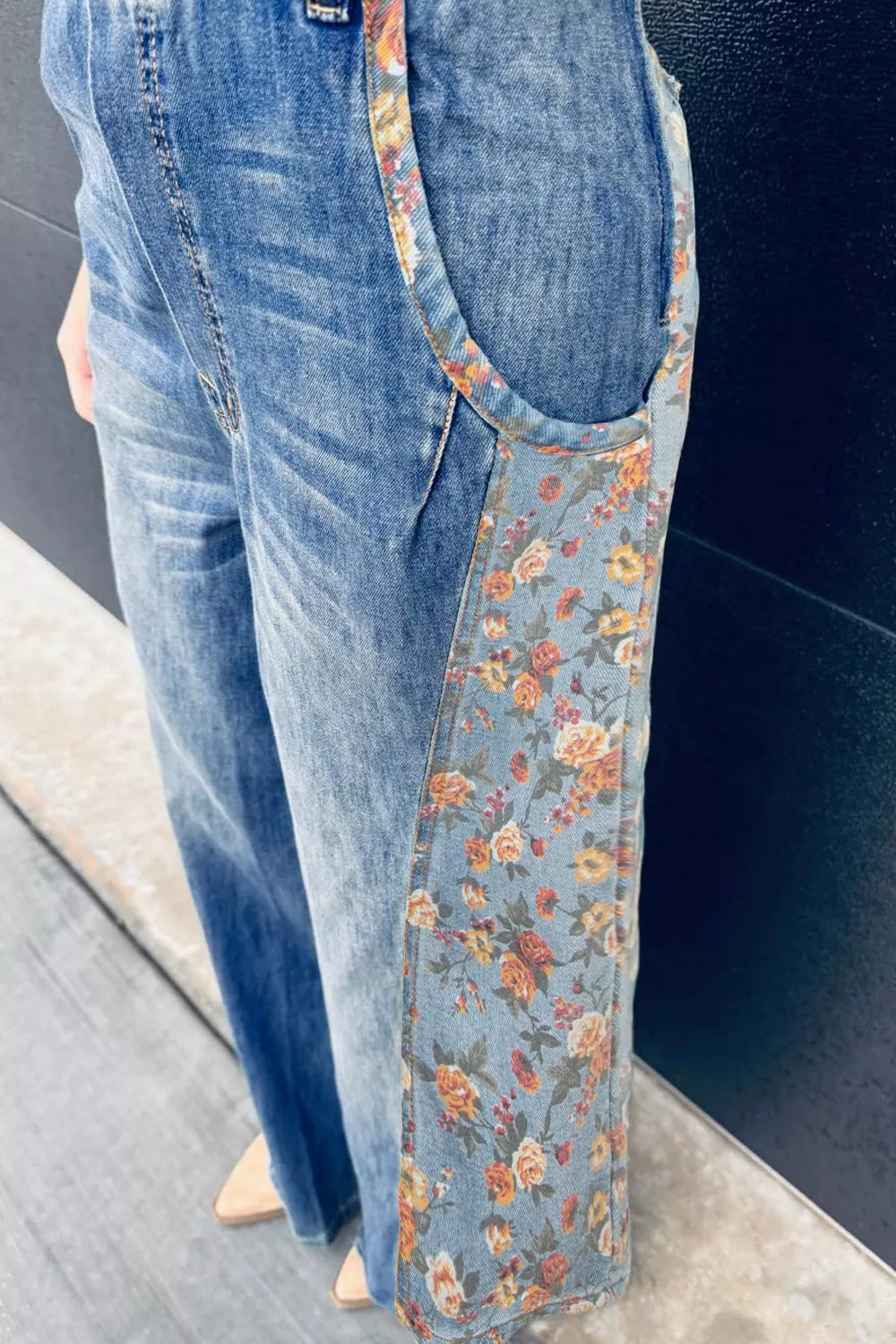 Vintage rose denim overall styling detail