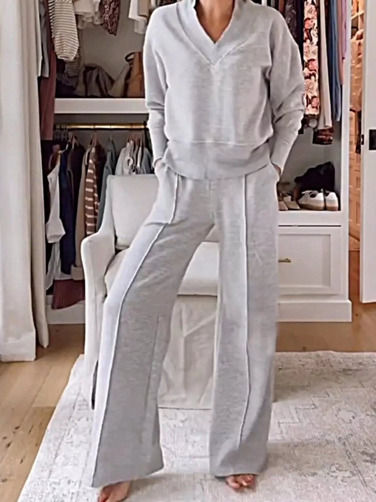 Cozy V neck top and pants set front