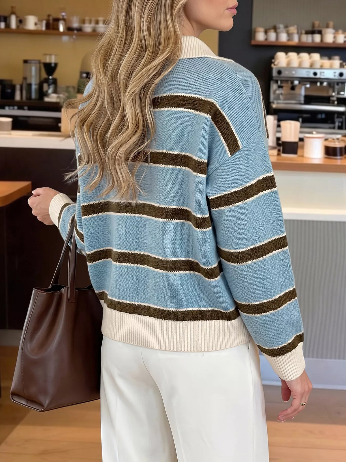 Striped Button Polo Collar Sweater in Blue detail