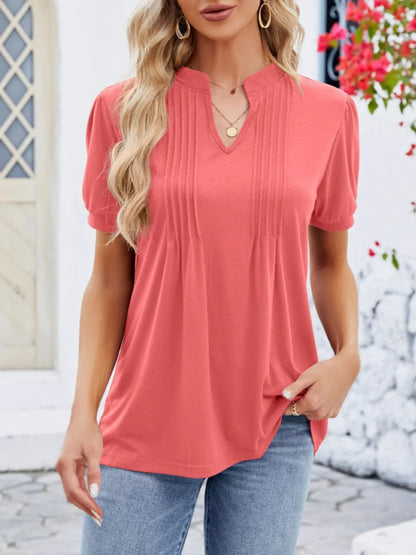 Notched Short Sleeve T-Shirt Orange Red - Fashorio
