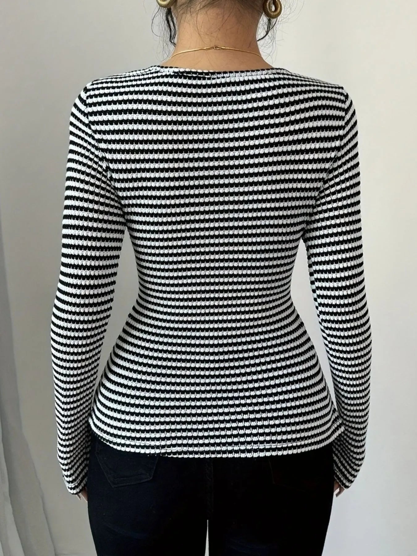 Striped Cowl Neck Long Sleeve T-Shirt - Fashorio