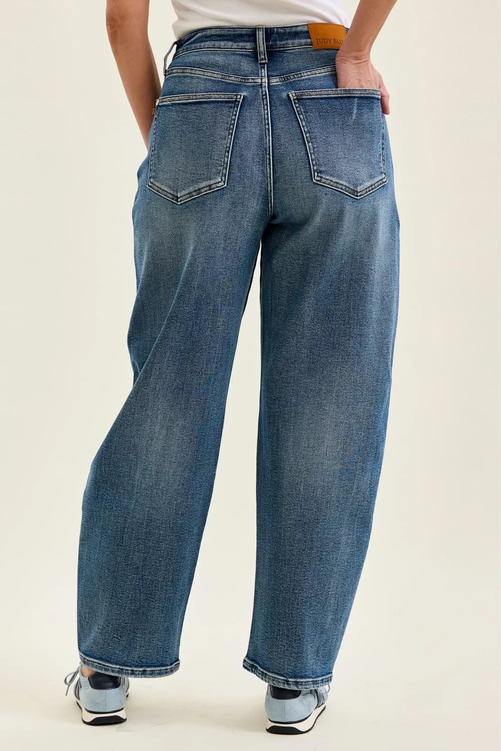 Judy Blue weathered indigo barrel jeans back view