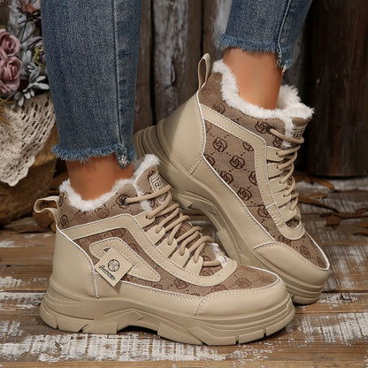 High-Top Platform Chunky Sneaker Boots with Lace-Up Khaki - Fashorio