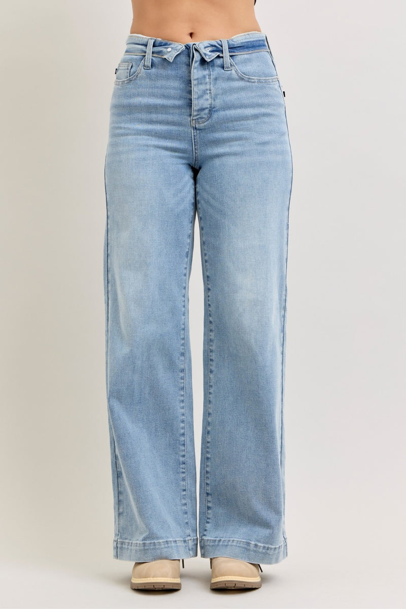 Judy Blue retro wide leg jeans light wash front view
