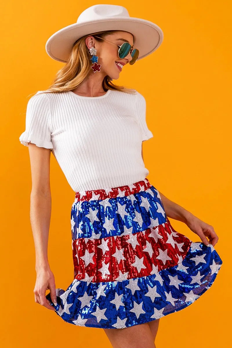 BiBi American Flag Theme Star Sequin Tiered Skirt - Fashorio