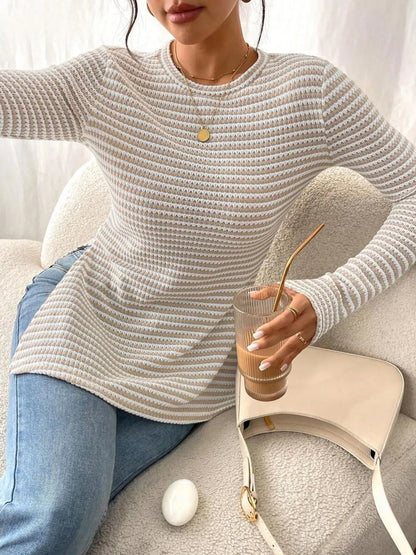 Side Slit Striped Long Sleeve T-Shirt - Fashorio
