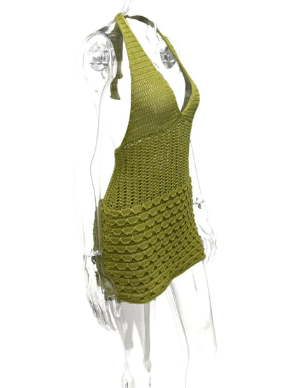 Crochet Halter Neck Sweater Dress - Fashorio