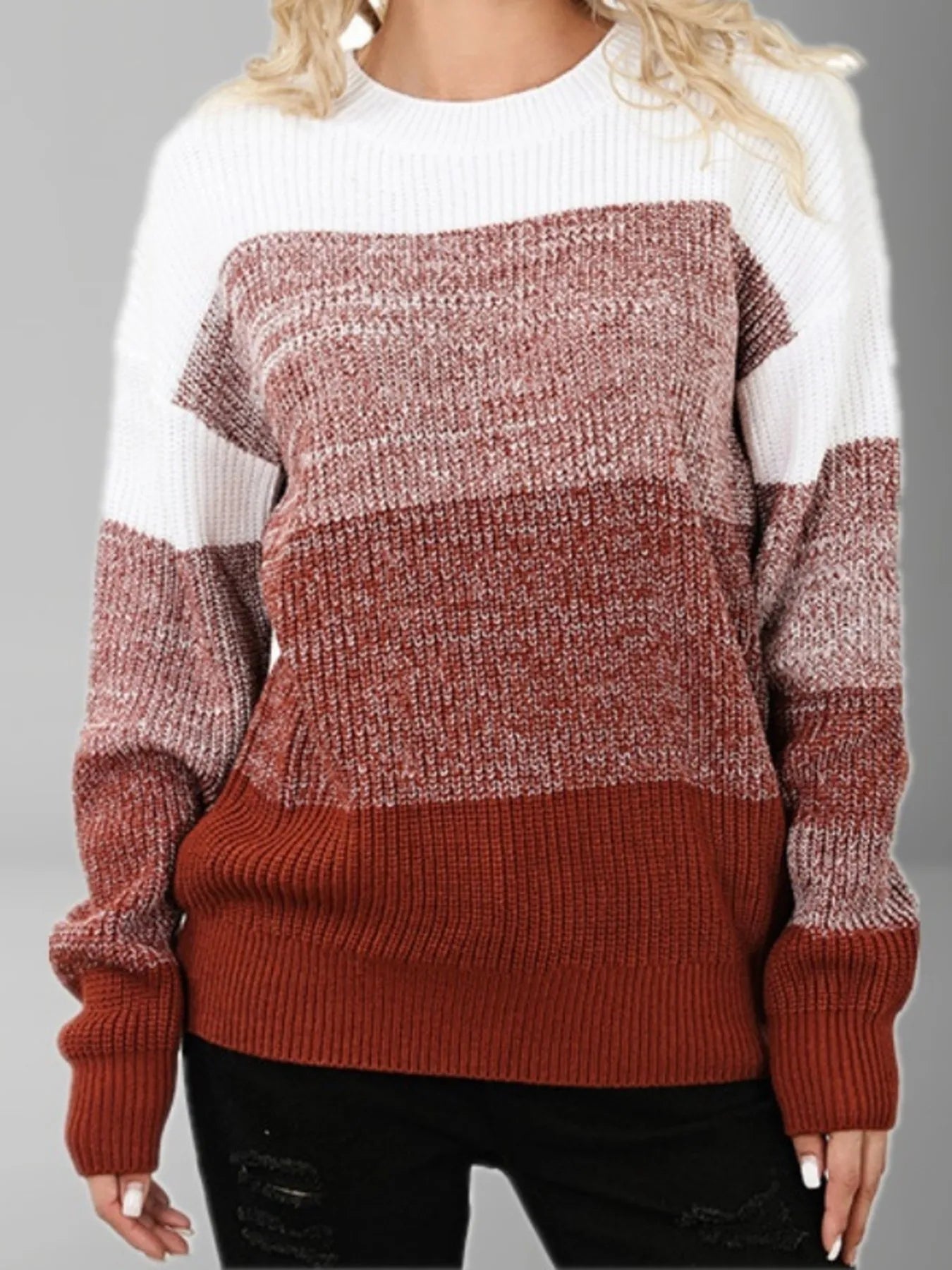 Color Block Round Neck Sweater Rust One Size - Fashorio