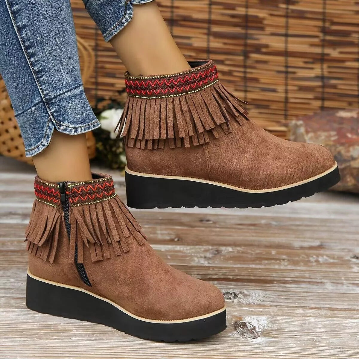 Fringe round toe ankle boots platform detail